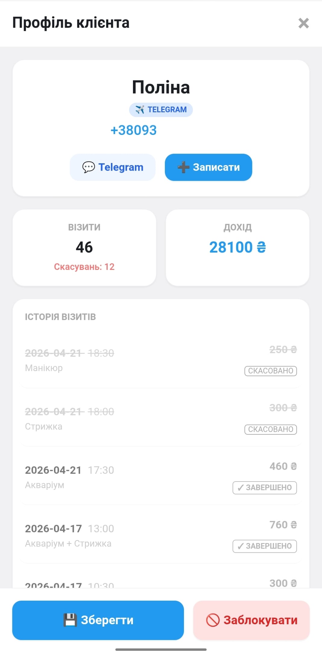 Скріншот відкритого профілю клієнта