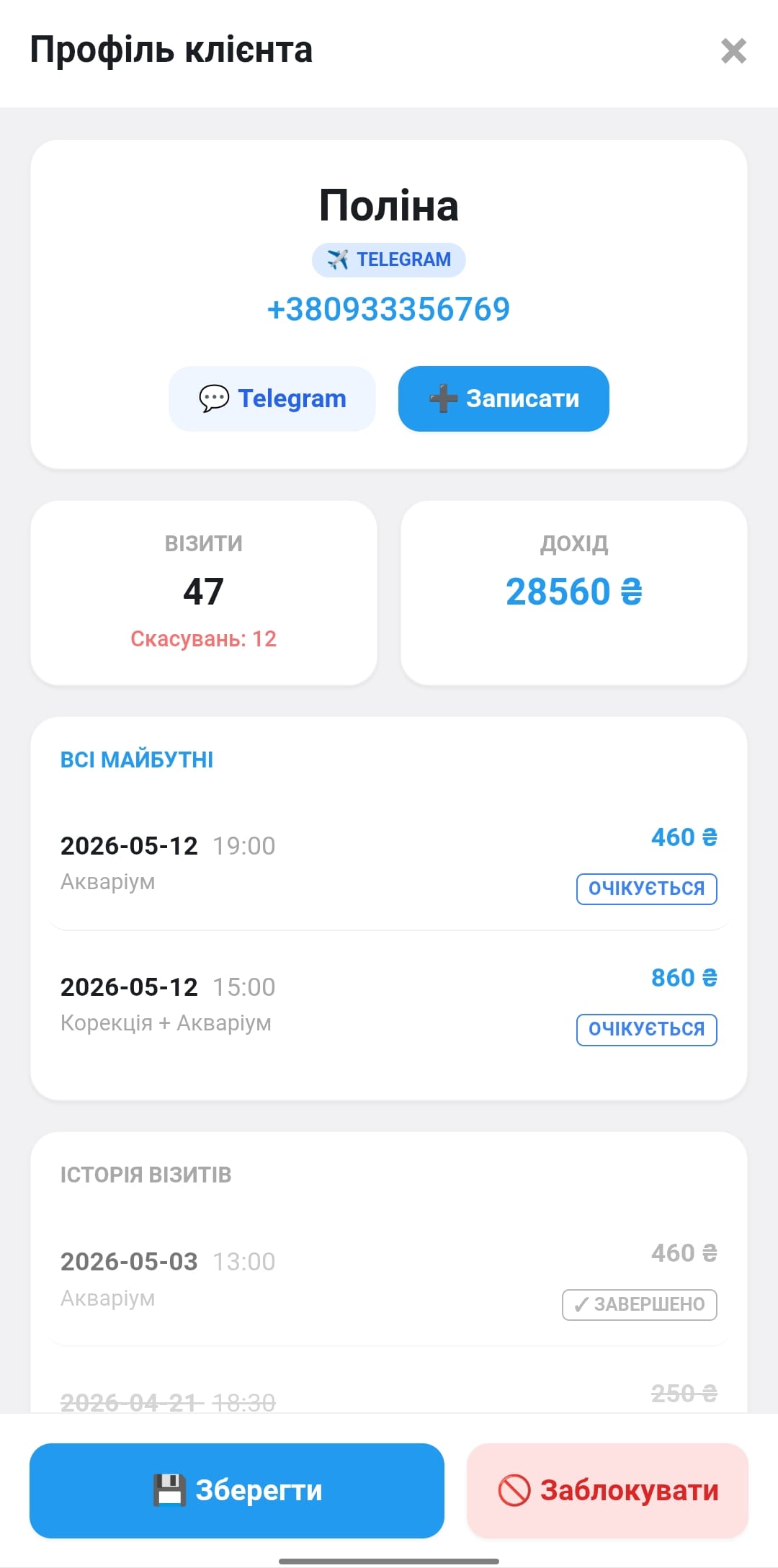 Скріншот профілю клієнта в CRM із червоною кнопкою блокування та історією скасувань